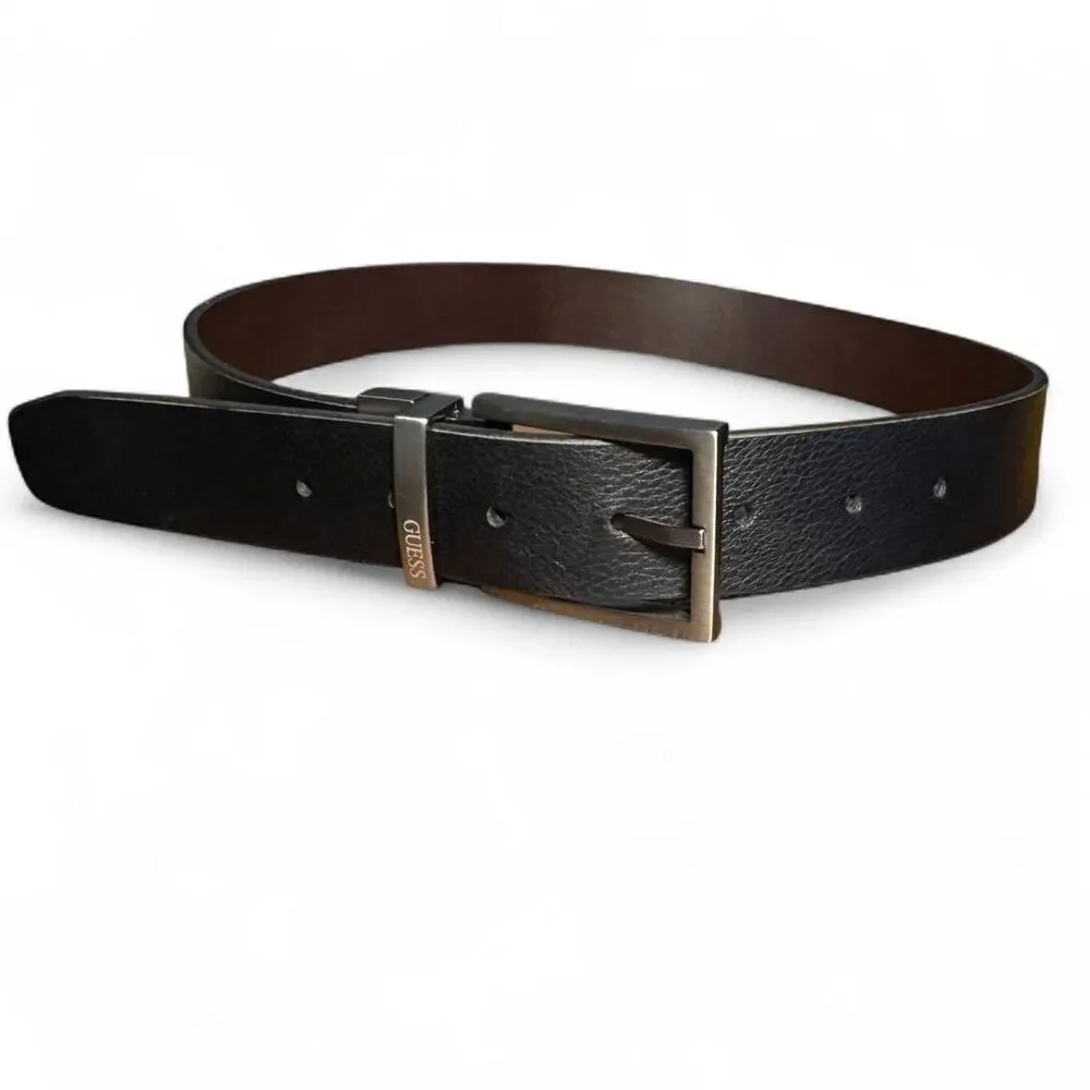 Guess Men's Black and Brown Reversible Synthetic Leather Belt Sz 30-32